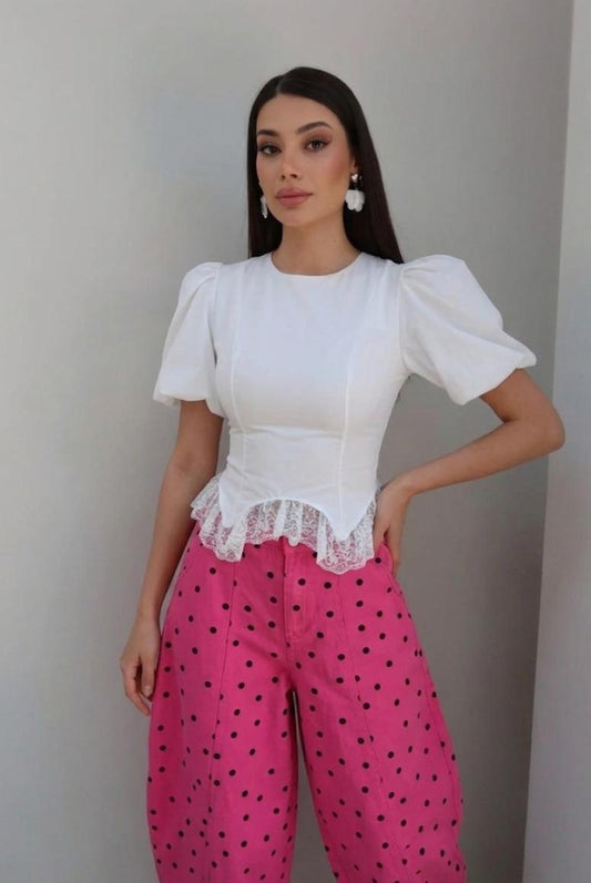 Beautiful High waist barrel polka dot denim pants FT941