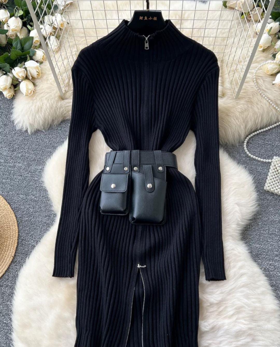 Beautiful Knitted Fabric Woollen Dress With Leather Belt FT001