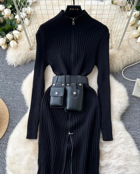 Beautiful Knitted Fabric Woollen Dress With Leather Belt FT001