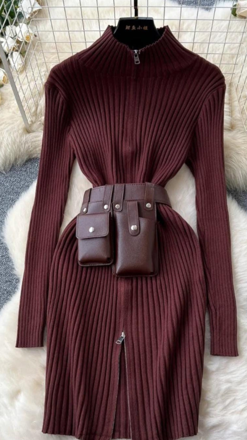 Beautiful Knitted Fabric Woollen Dress With Leather Belt FT001