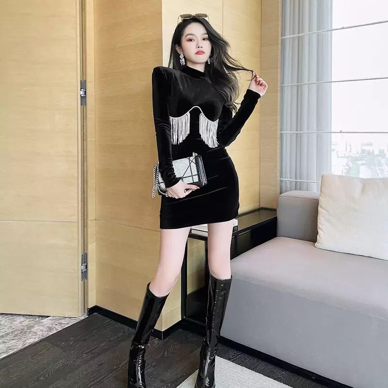 Beautiful Velvet Tassels Dress FT185