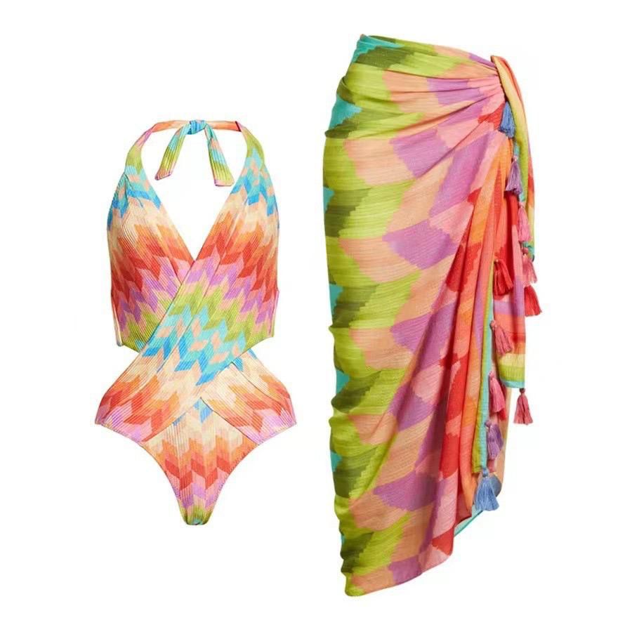 Colorful Halter swimsuit and matching sarong FT026