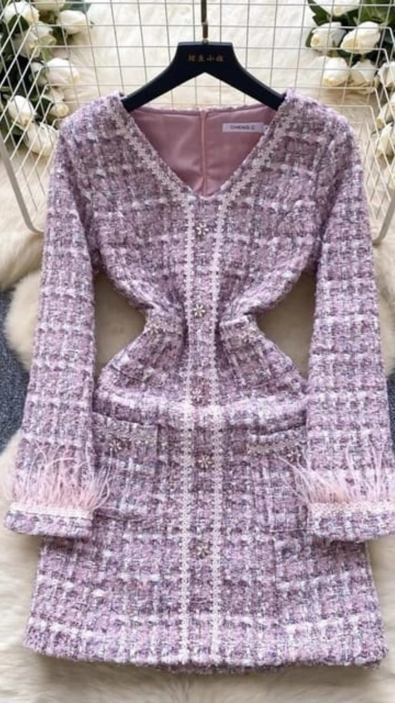 Exclusive Partywear Tweed Textured Feather Detailed Dress FT006