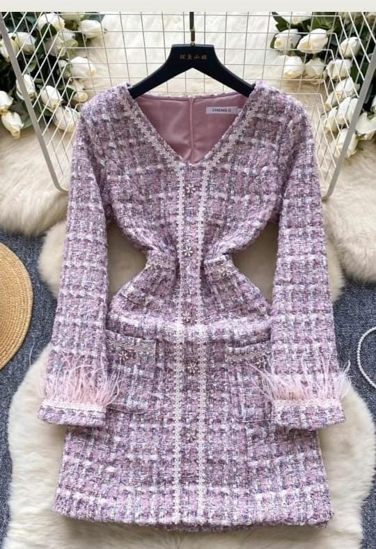 Exclusive Partywear Tweed Textured Feather Detailed Dress FT006