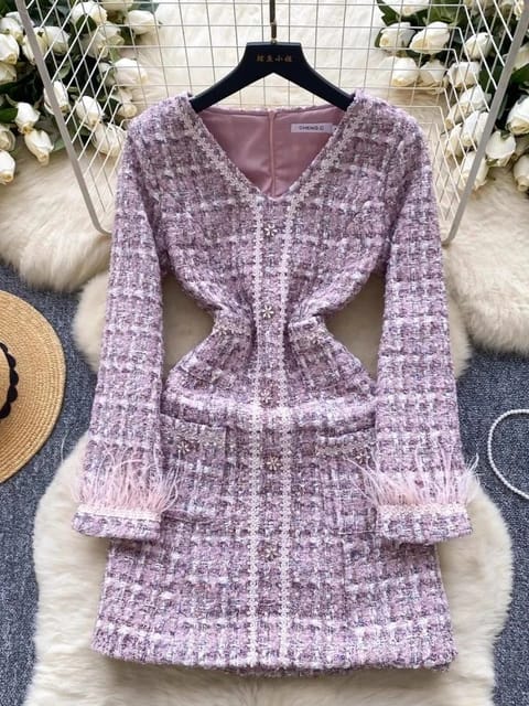 Exclusive Partywear Tweed Textured Feather Detailed Dress FT006