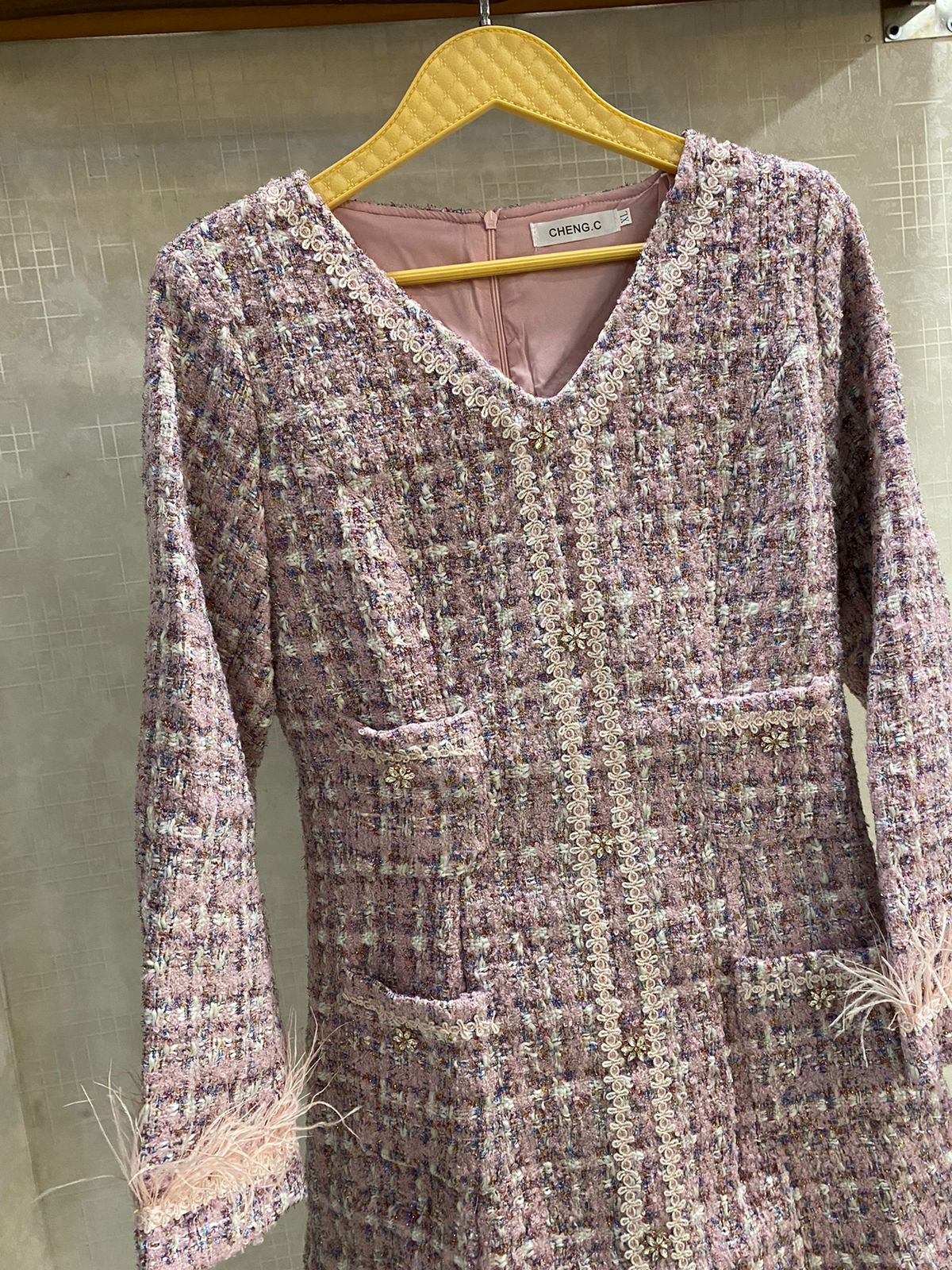 Exclusive Partywear Tweed Textured Feather Detailed Dress FT006