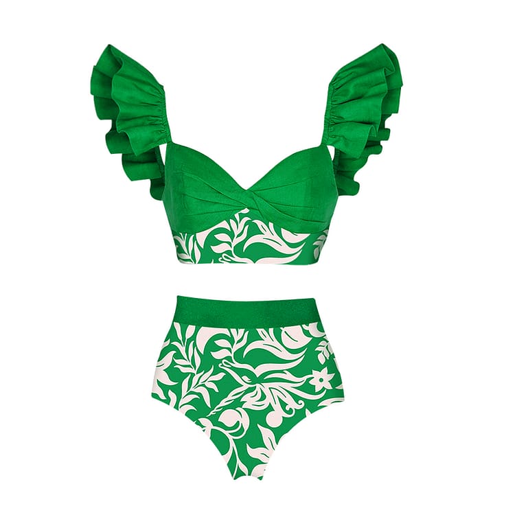 Ruffle Green Swimsuit and Sarong FT020
