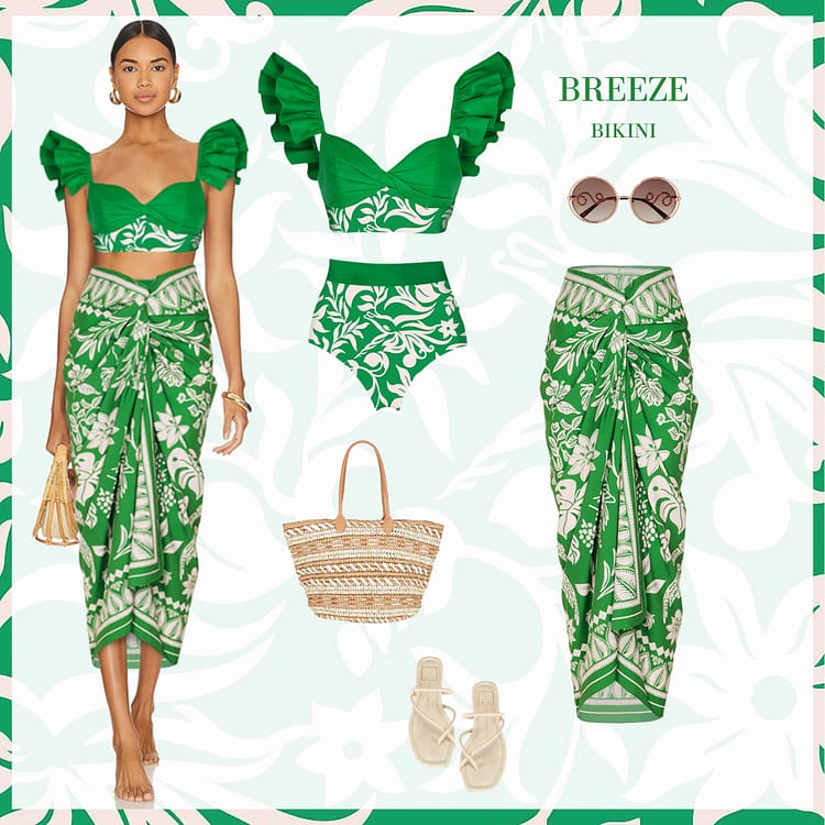 Ruffle Green Swimsuit and Sarong FT020