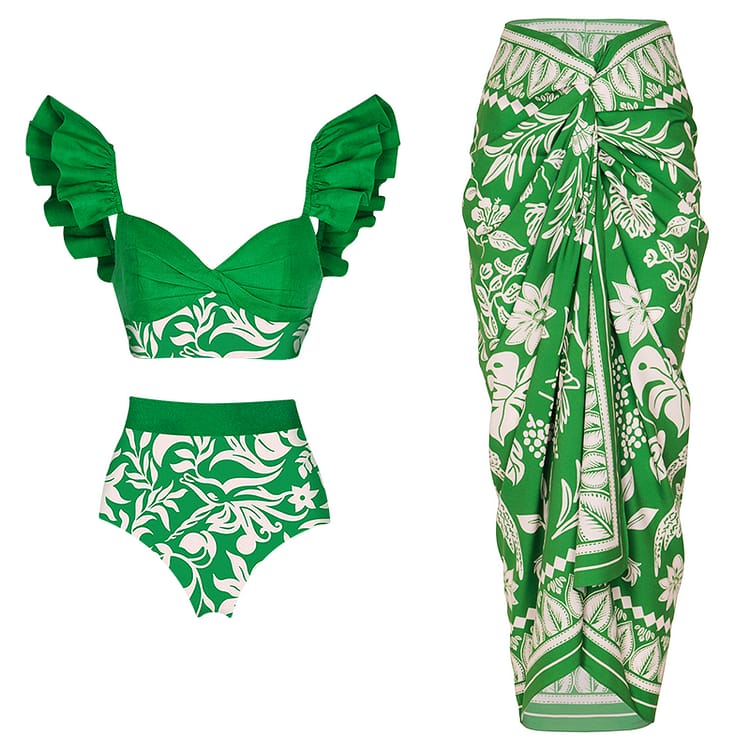 Ruffle Green Swimsuit and Sarong FT020