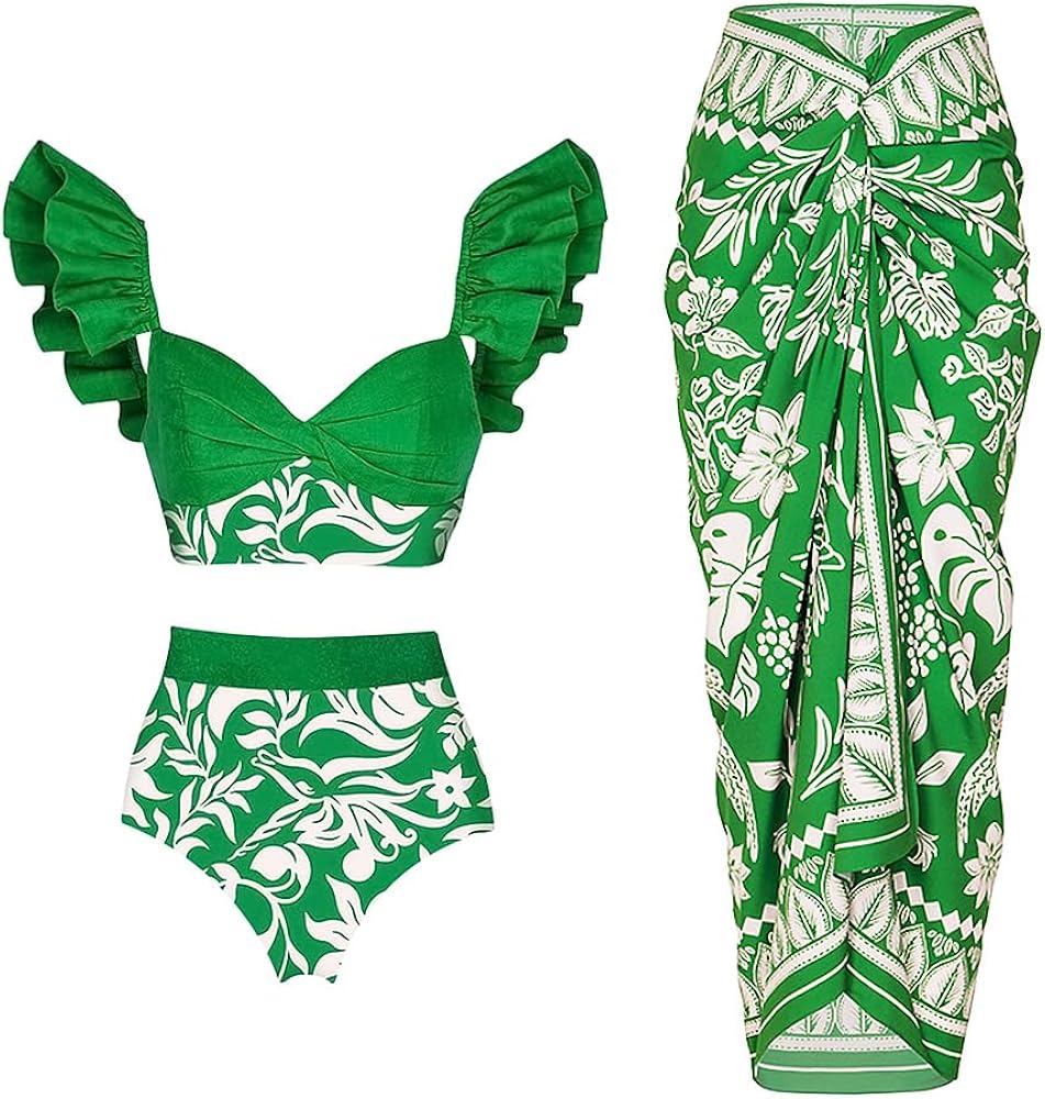 Ruffle Green Swimsuit and Sarong FT020