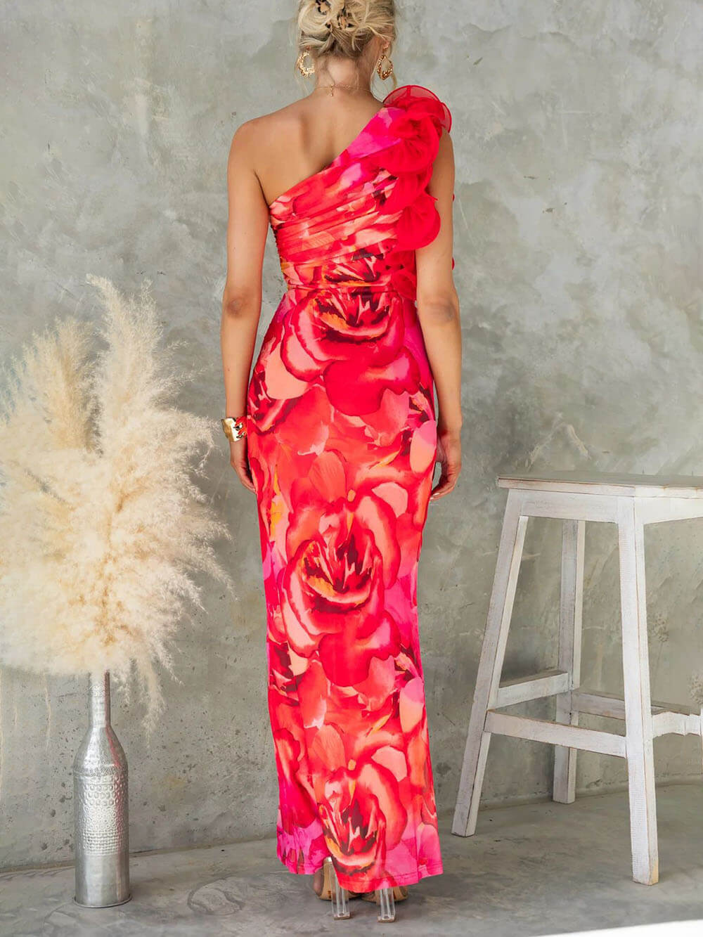Side Ruffled Flower Print Dress FT095