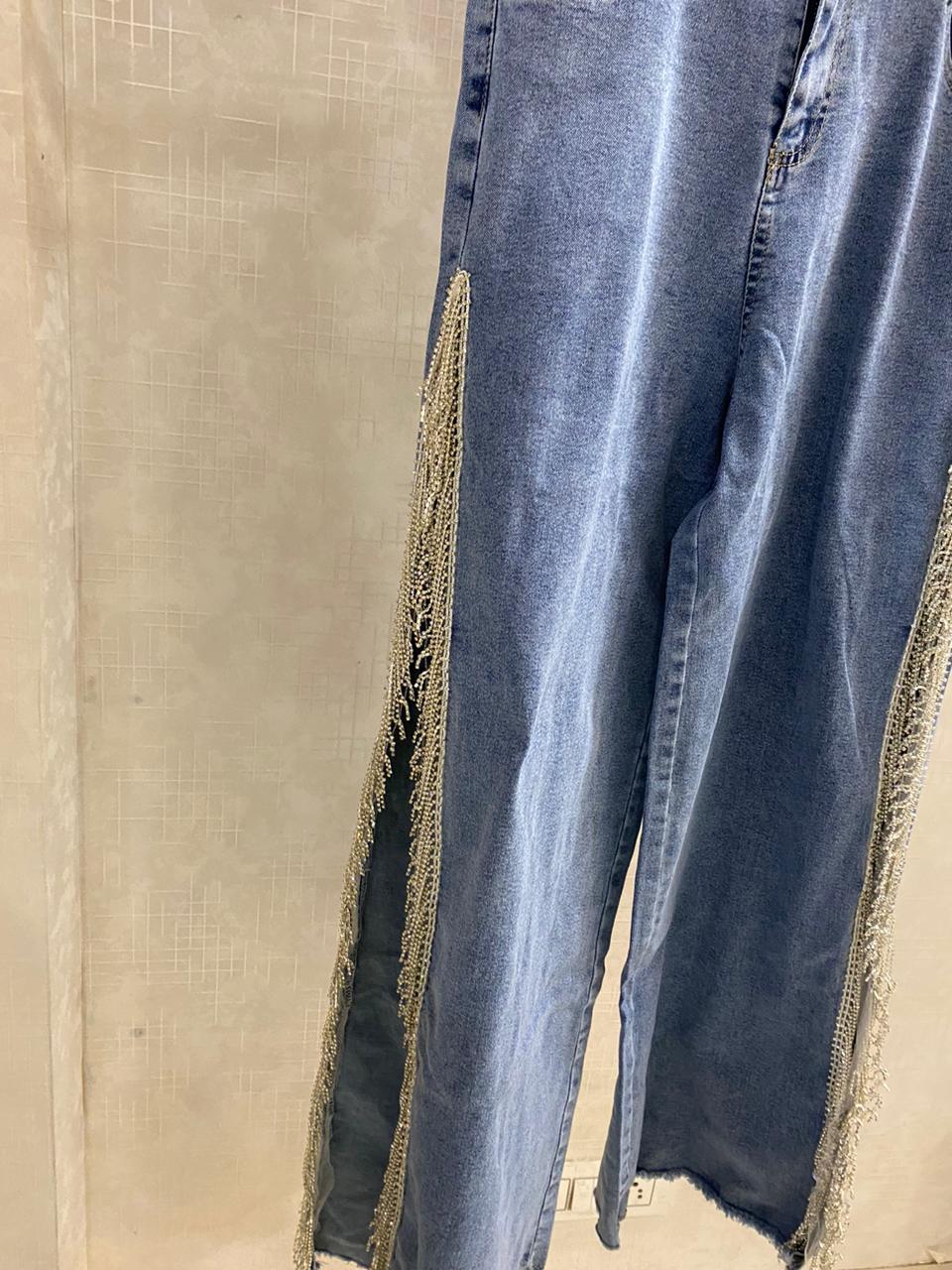 Straight Denim Pant With Rhinestone Fringe Trim Split On The Side FT078