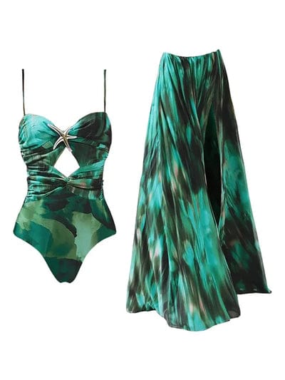Star Applique Forest Print Monokini With Skirt FT015