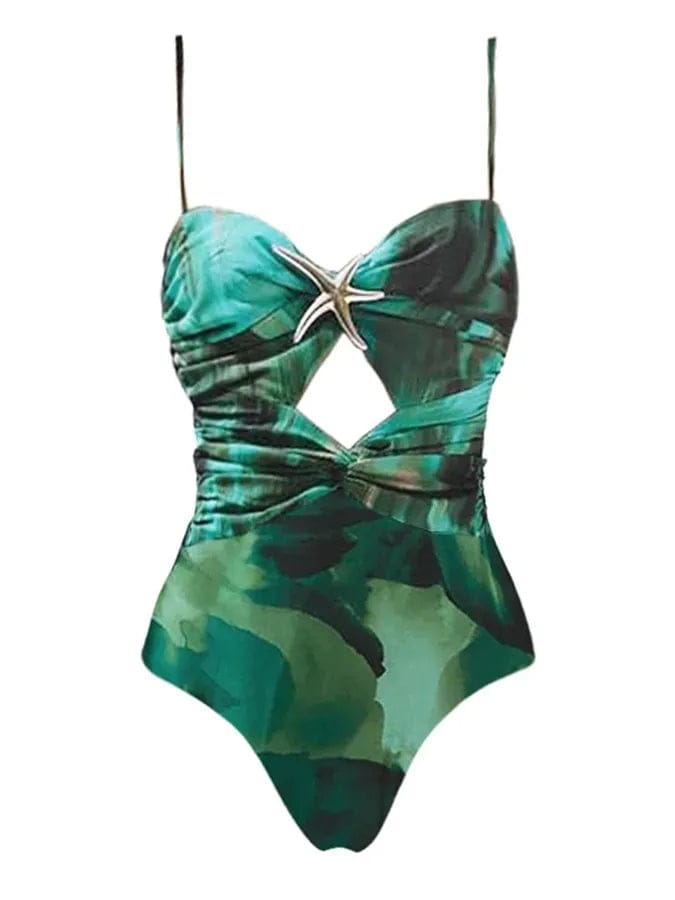 Star Applique Forest Print Monokini With Skirt FT015
