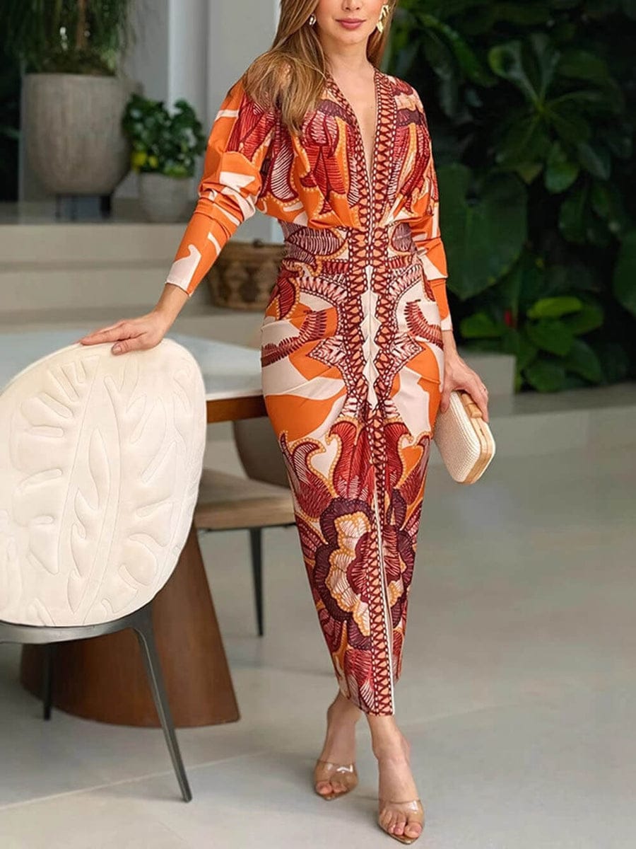 Printed v neck bodycon dress FT313