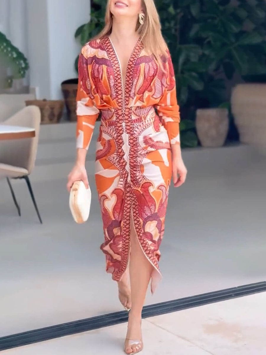Printed v neck bodycon dress FT313