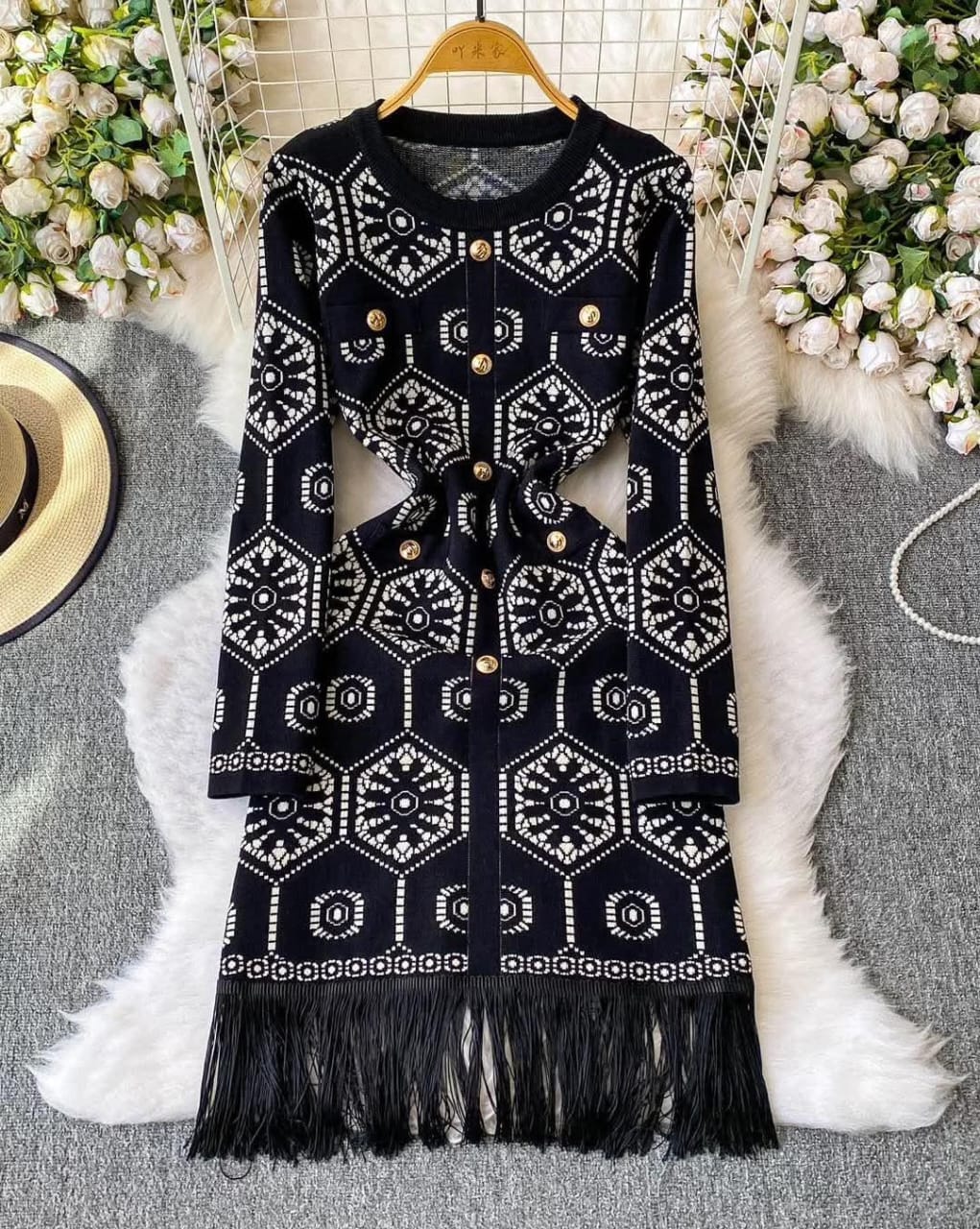 Woolen Buttoned Fringes Dress FT322