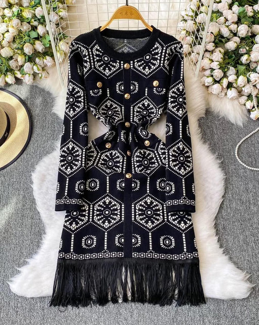 Woolen Buttoned Fringes Dress FT322