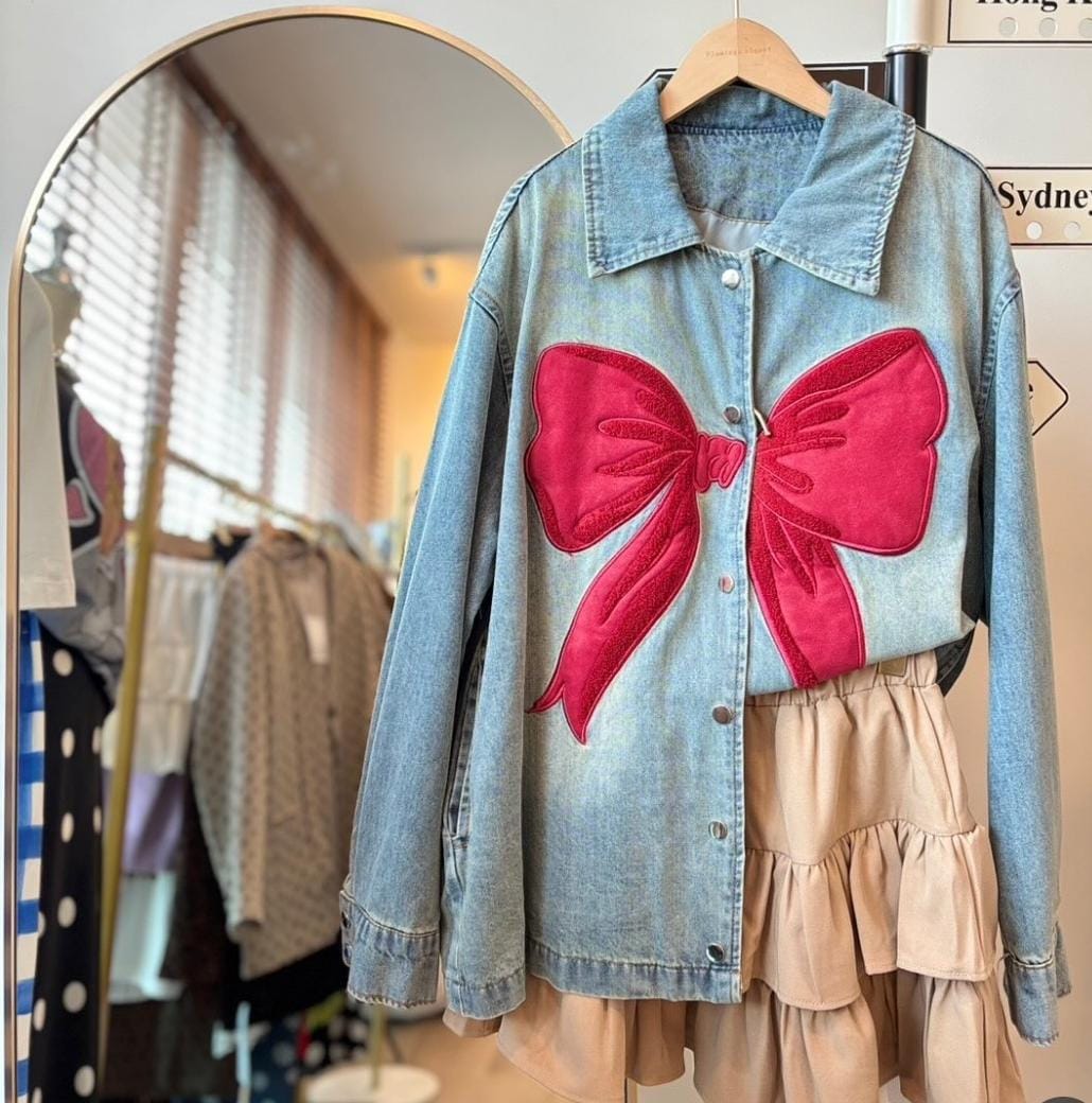 Oversize Denim luxe Ribbon bow patterned jacket FT343