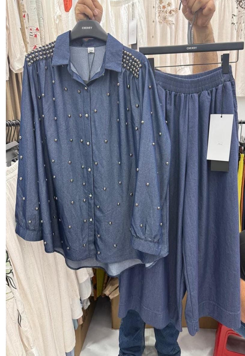 Denim Embellished Oversize Coord Set FT348