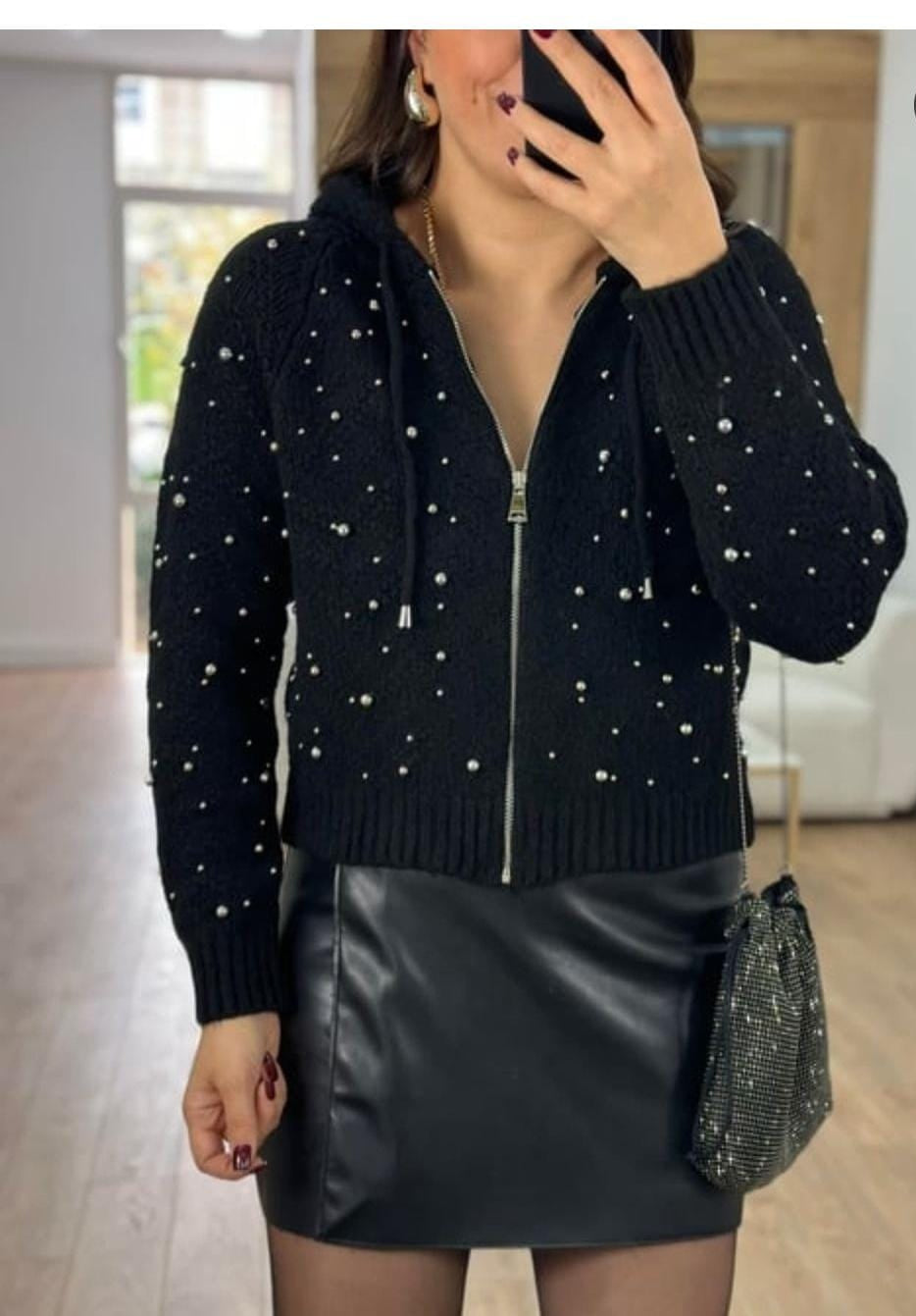 Metal Pearl Woolen Hooded Zipper FT371