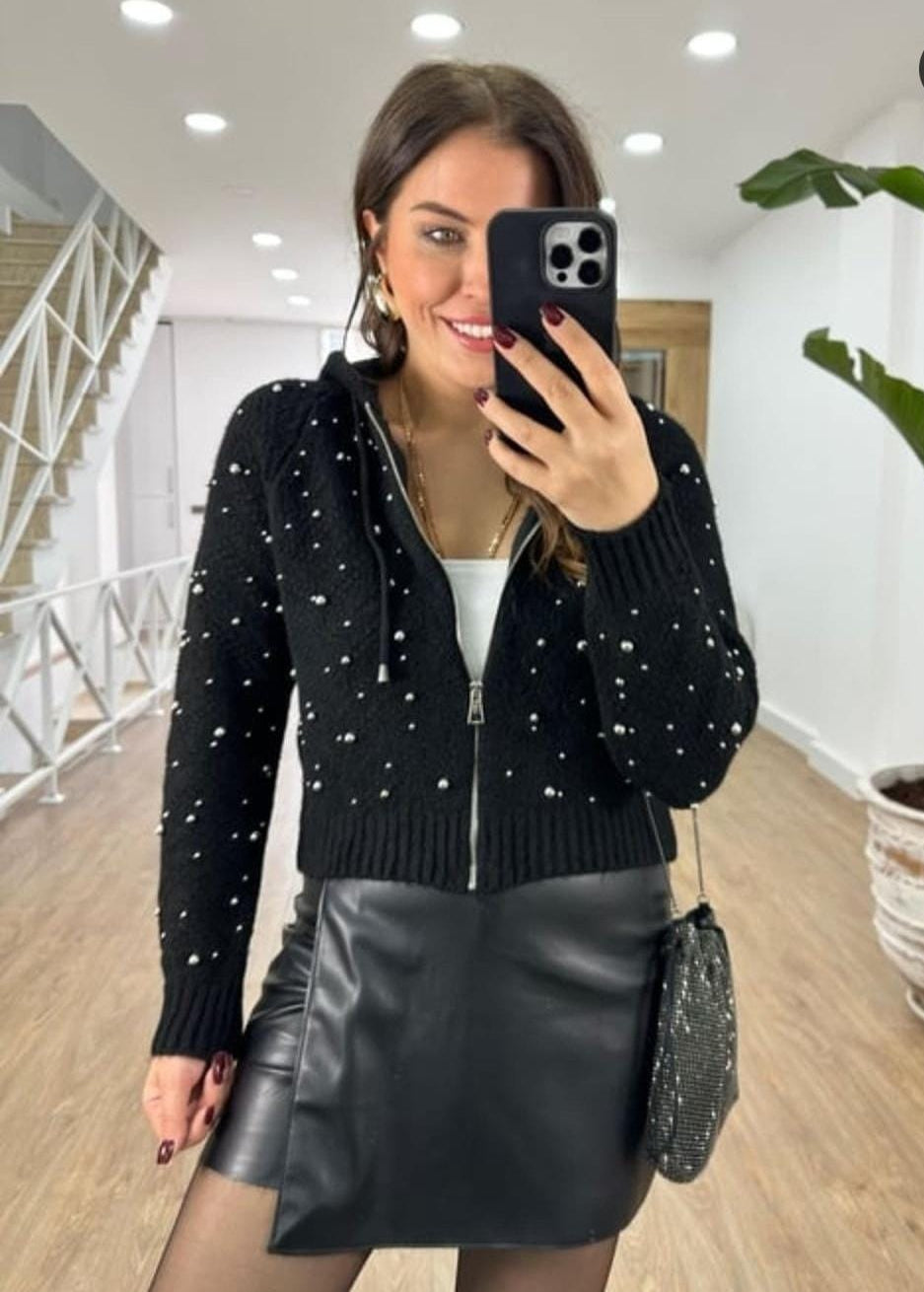Metal Pearl Woolen Hooded Zipper FT371