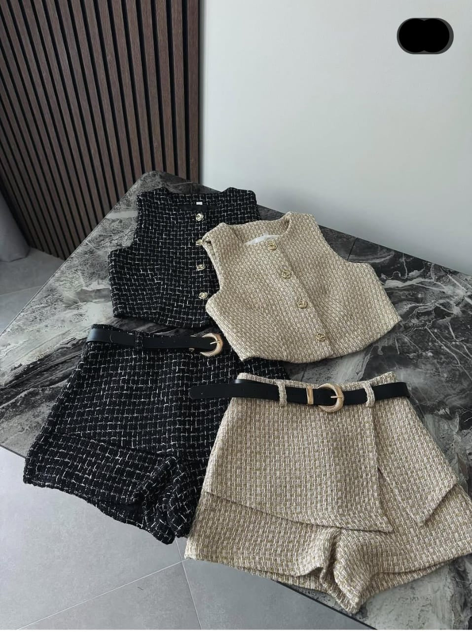 Textured Top and Shorts With Belt FT378