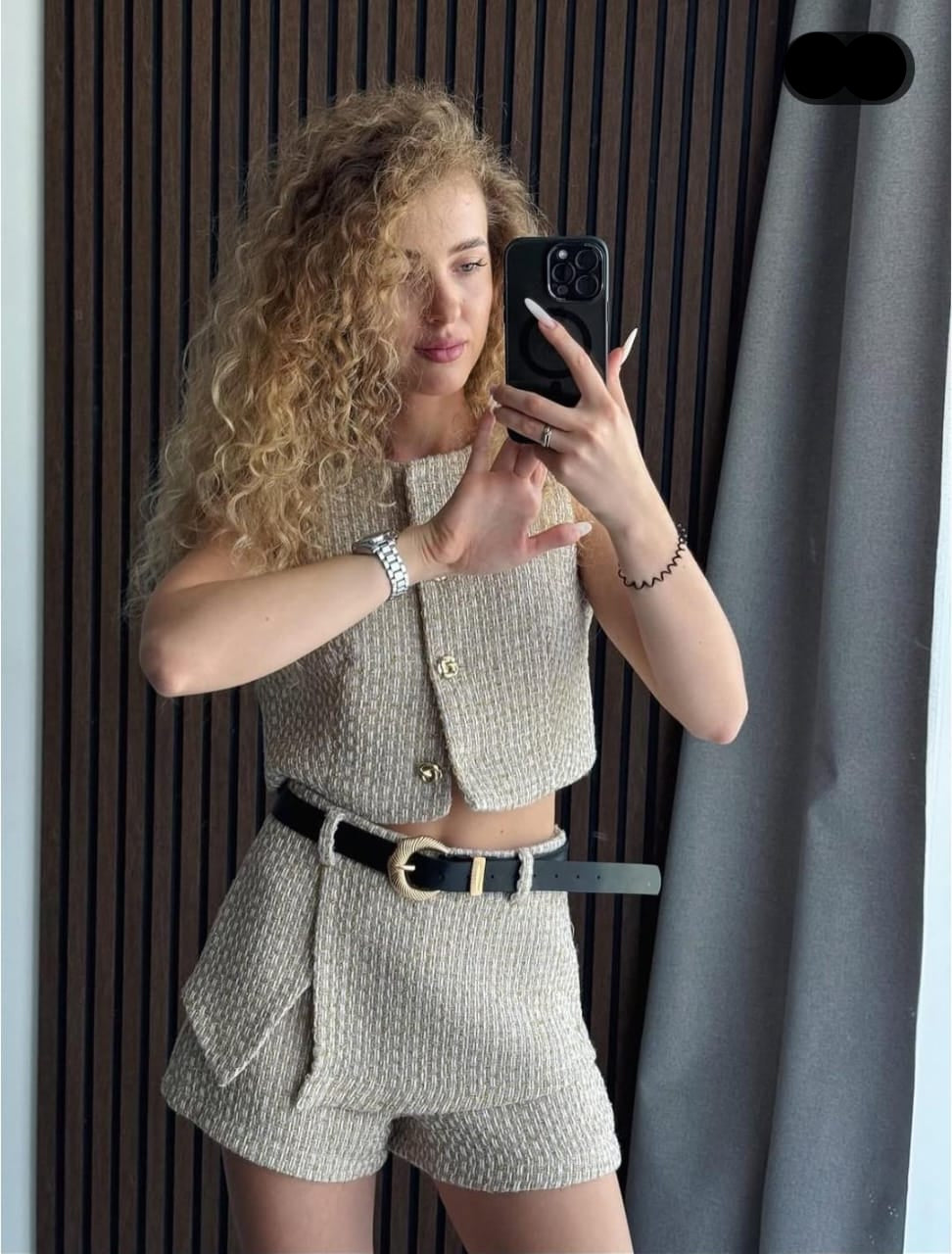 Textured Top and Shorts With Belt FT378
