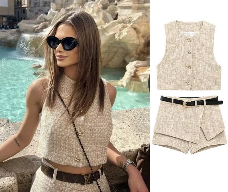 Textured Top and Shorts With Belt FT378