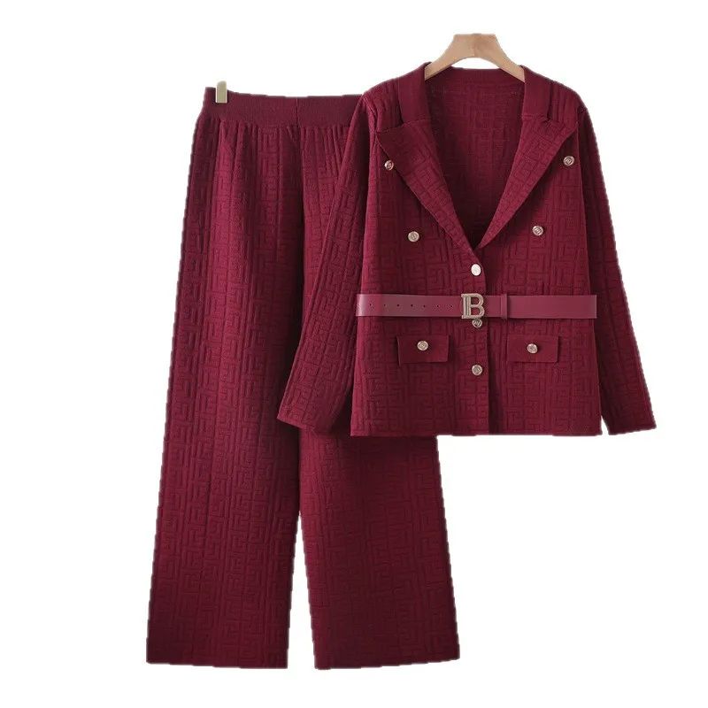 Patterned Belted Blazer With Loose Fitted Pants FT382
