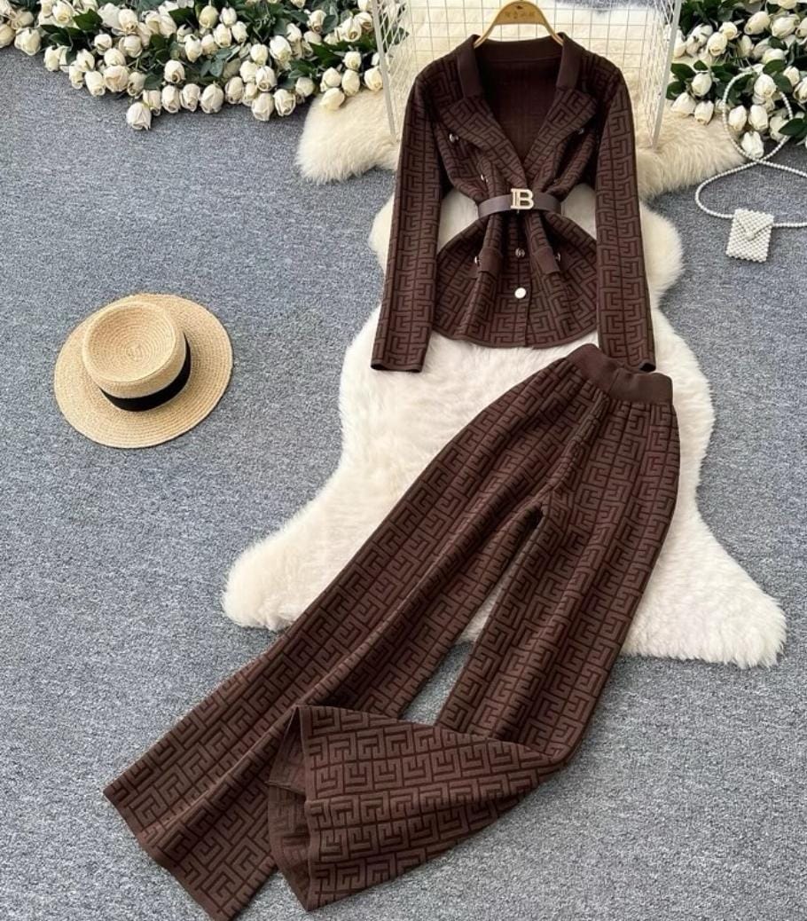 Patterned Belted Blazer With Loose Fitted Pants FT382