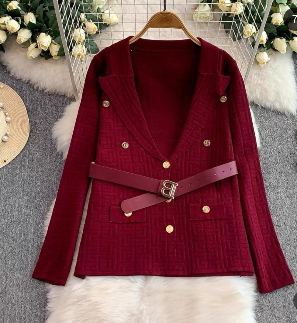 Patterned Belted Blazer With Loose Fitted Pants FT382
