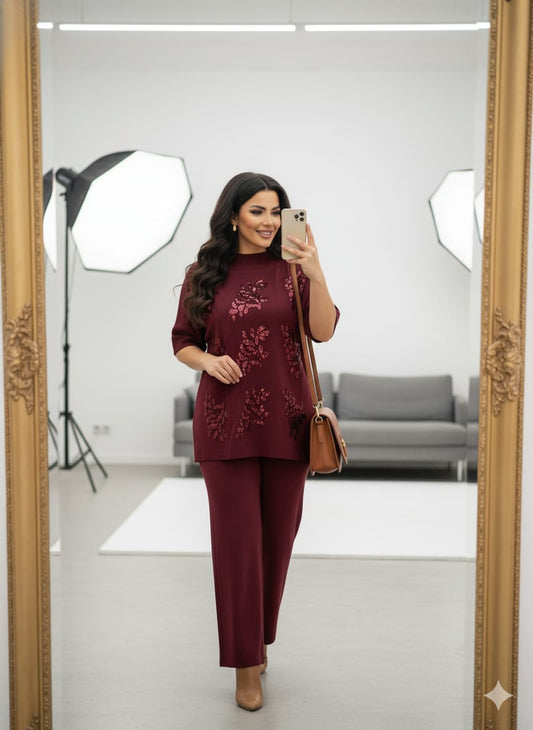 Stunning Floral Sequin Woolen Co-Ord Set FT402