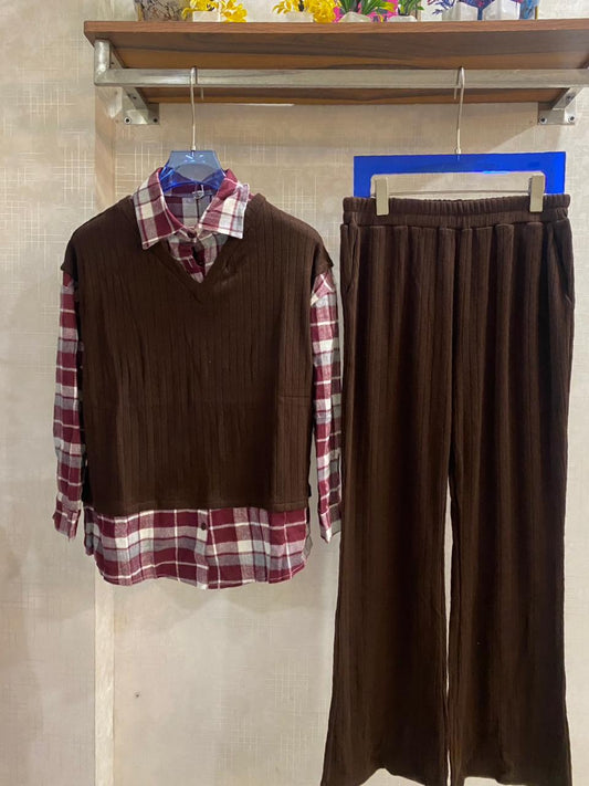 Ribbed & Plaid Coord Set FT473