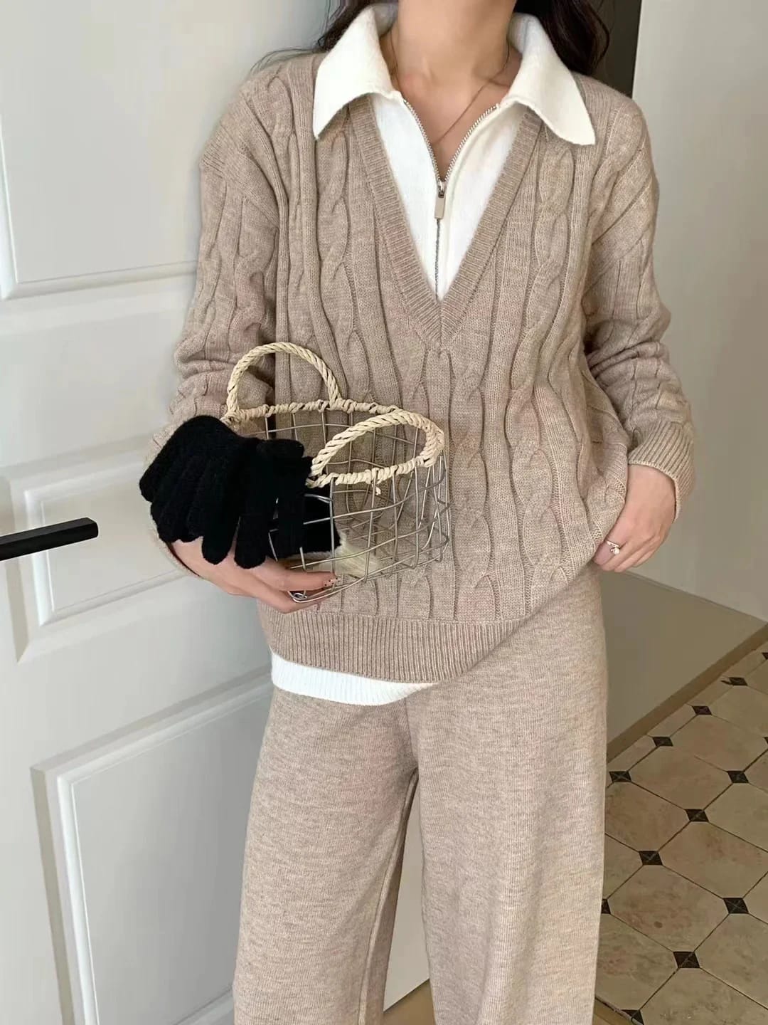 Beige Enhanced Woolen Coord Set FT503