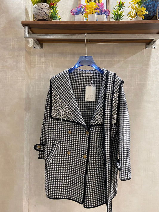 Checkered Charm Woolen Embellished Blazer FT532