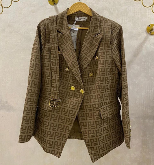Golden Buttoned Logo Inspired Blazer with Belt FT572