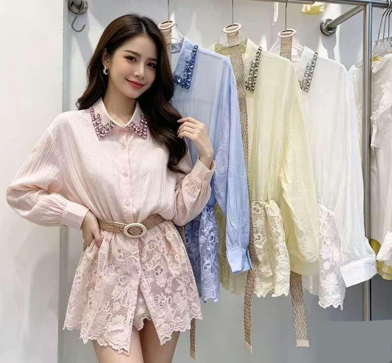 Lace Detailed Embellished Shirt With Belt FT817