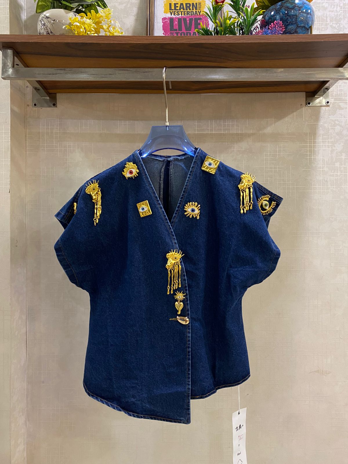 Denim Shirt With Gold-Toned Eye Charms FT846