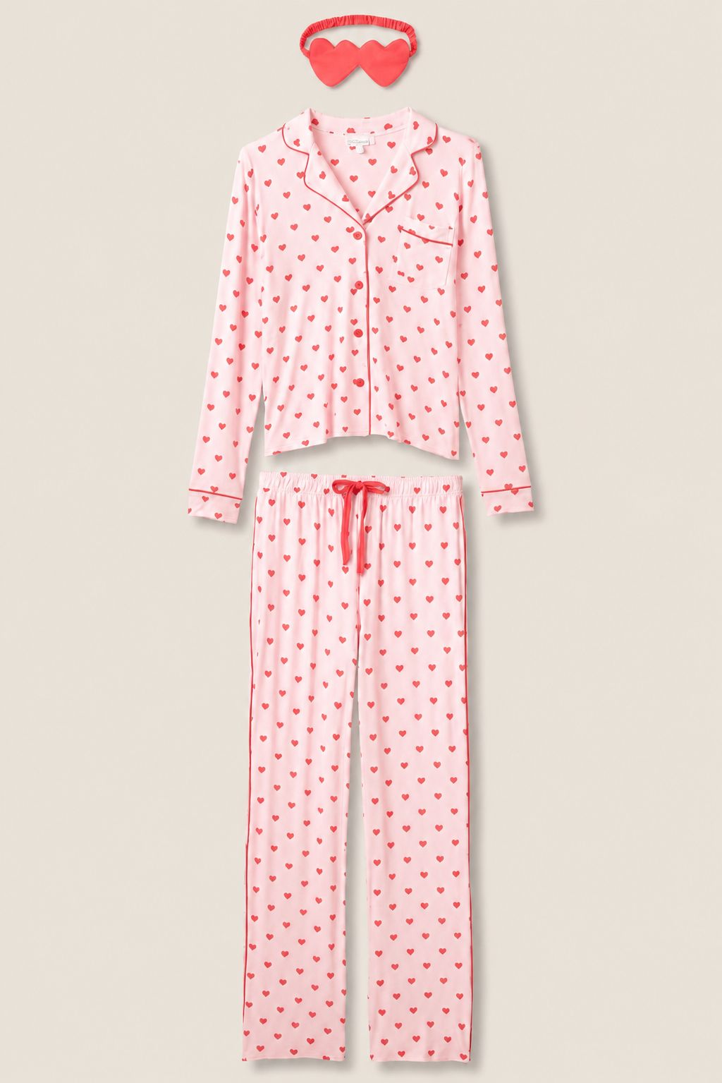 Pink Heart-Print Night Suit With Eye Mask FT891