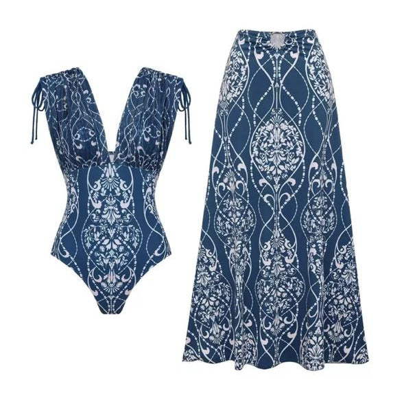 Neck Shoulder Drawstring Printed Swimsuit Set FT893