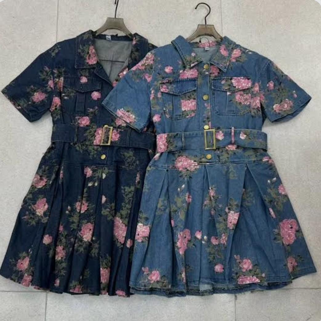 Denim Floral Dress With Belt FT913