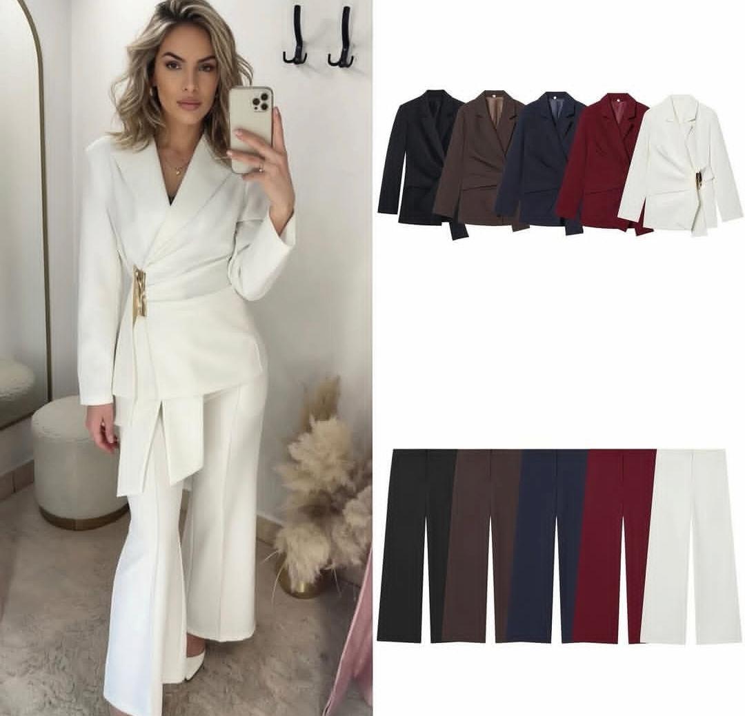 Blazer With Gold Buckle Belt Set With Trouser FT929