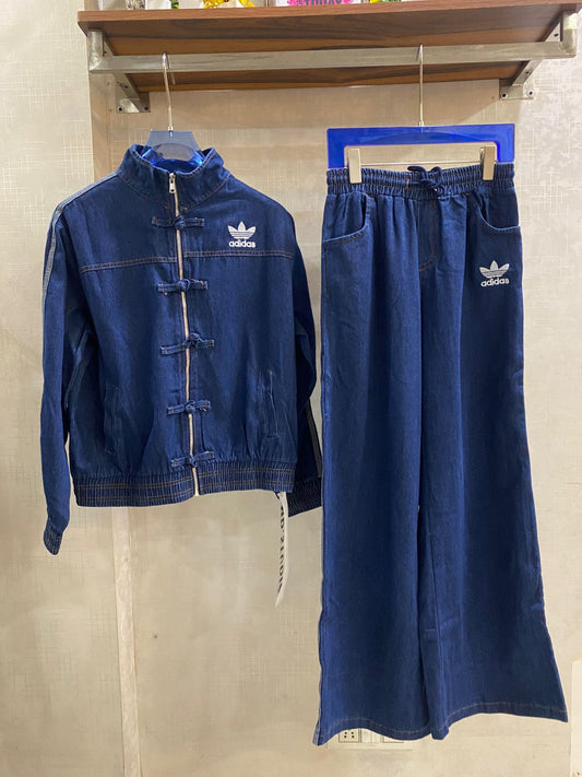 Beautiful New Premium Denim track set featuring zip with knot closures and adidas signature three-stripe sleeve detailing FT944