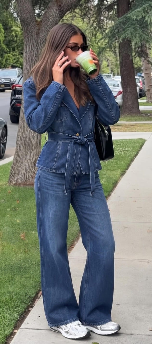 Elegant Denim co-ord set featuring a belted, pocket jacket and wide-leg flare denim pants FT958