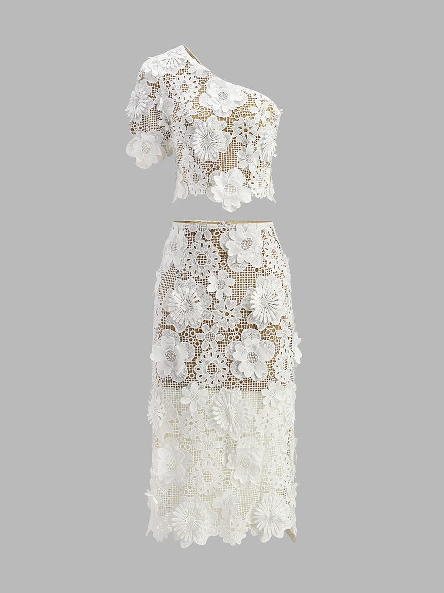 Asymmetrical Floral Lace Top Skirt Set FT276