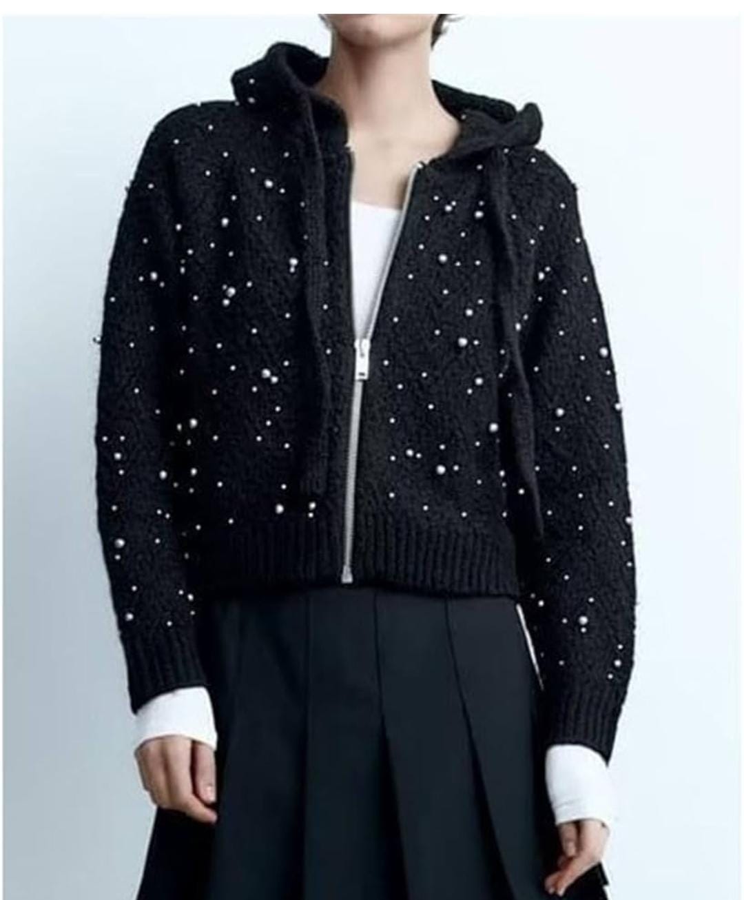 Metal Pearl Woolen Hooded Zipper FT371