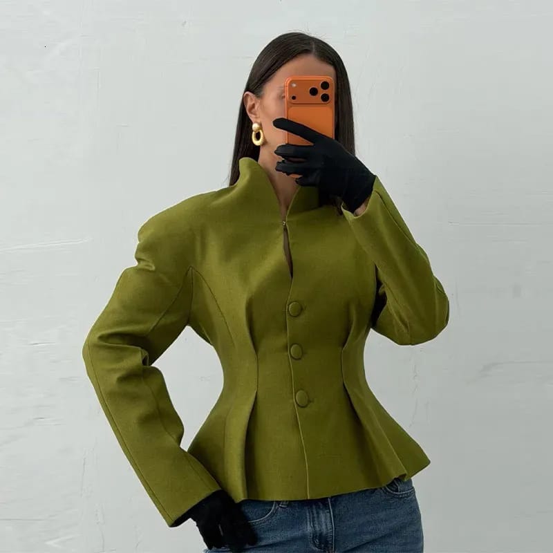 Beautiful Elegant Cinched waist Womens Jacket V Neck buttoned coat/blazer FT9488