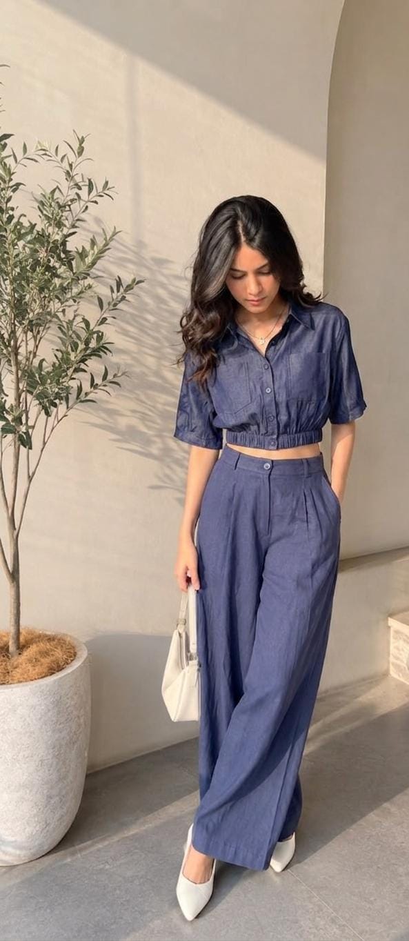 Beautiful 2 pcs Elasticated cropped top paired with high waist pants FT943