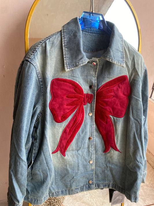 Oversize Denim luxe Ribbon bow patterned jacket FT343
